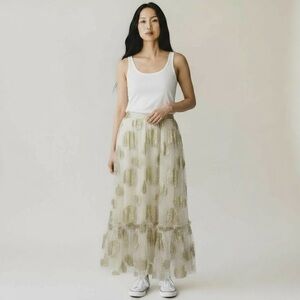 Saule Parc Ruffled Maxi Skirt Cream with Metallic Gold Floral Print Size XS NWOT